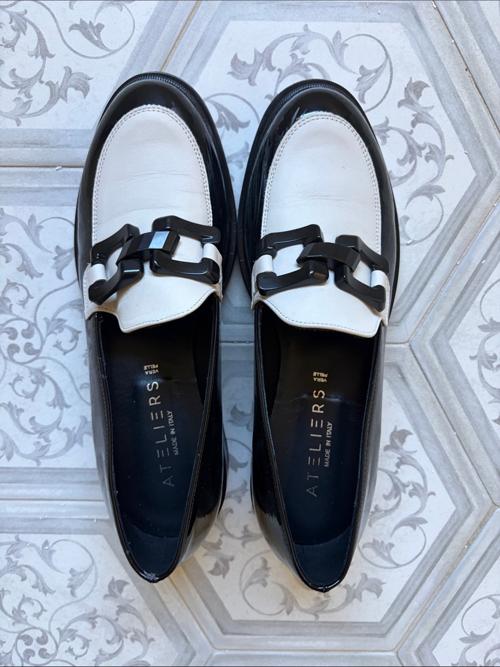 Italian Two-Tone Black & White Leather Chain Loafer - Women's